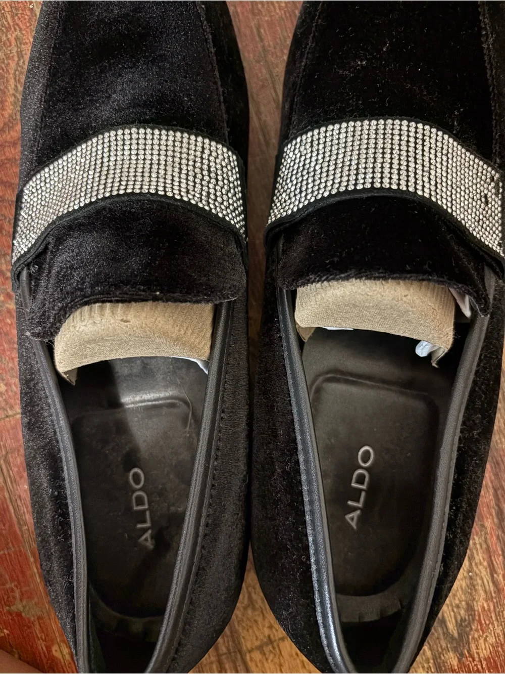 Aldo Black Velvet Loafers with Rhinestone Band